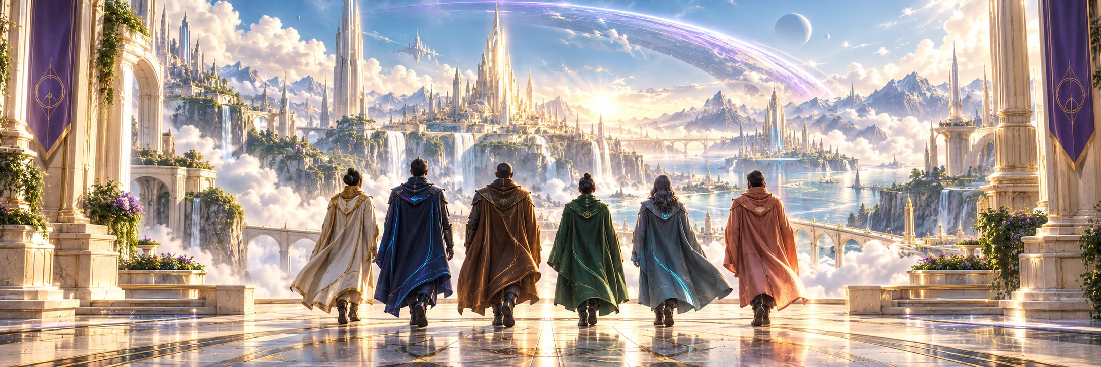 Six heroic allies looking out across a sunlit city, an illustration of shared ambition.