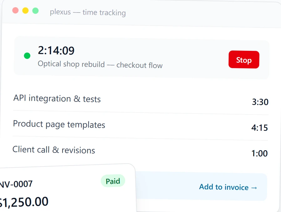 Plexus's public time-tracking illustration, showing recorded project work and invoicing.