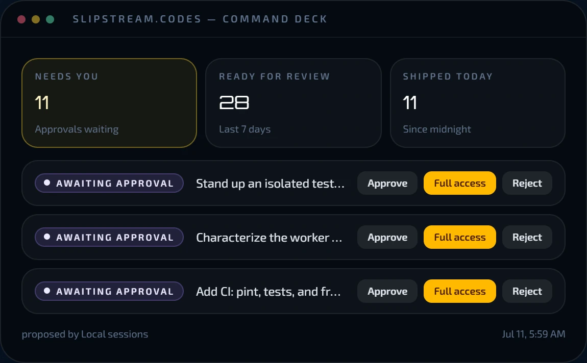 Slipstream's public command deck preview, showing approval requests and work ready for review.